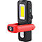 Zwarte werklamp met rode houder, rechthoekige LED-lamp en groene batterijstatus.